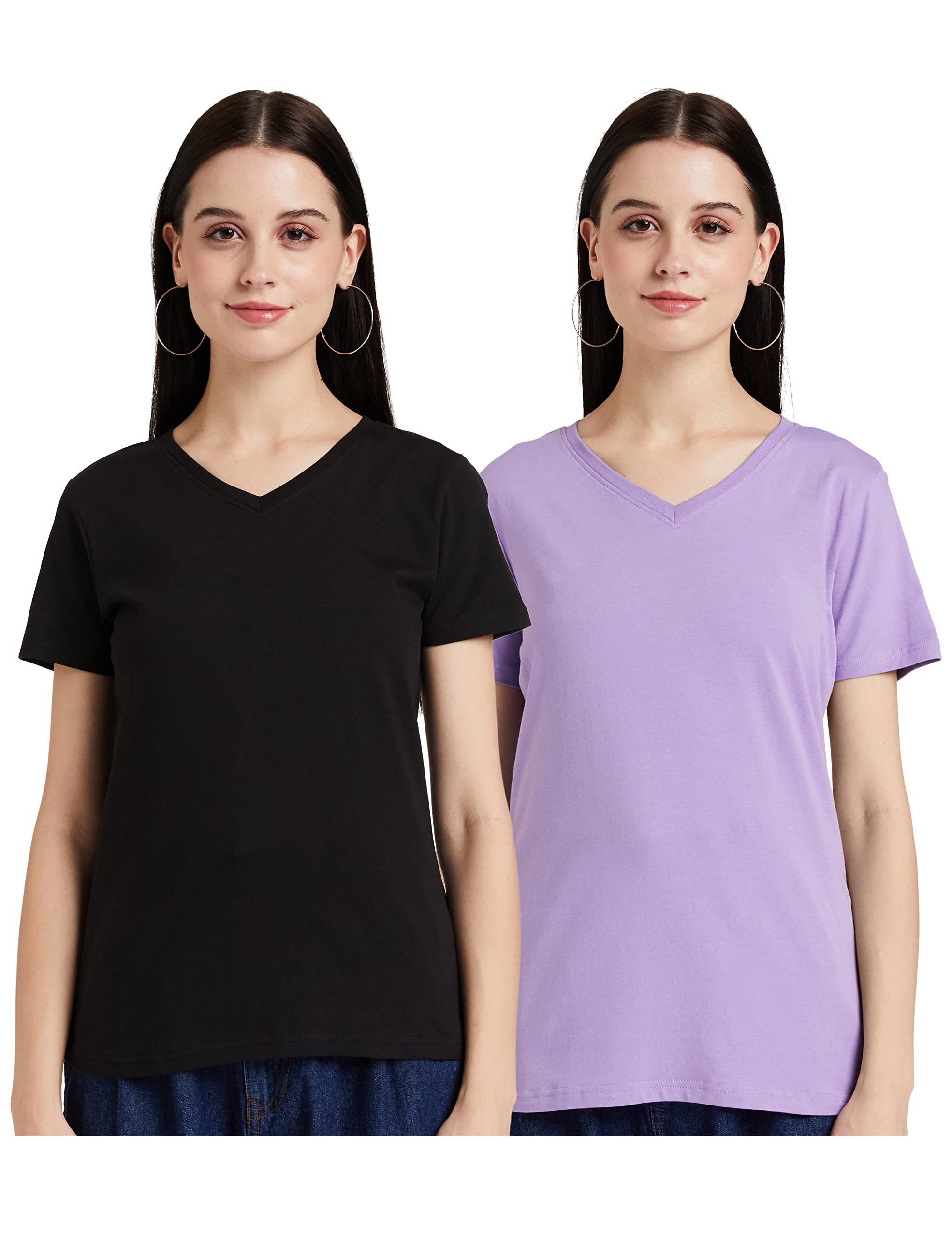 Amazon Brand - Symbol Women Cotton Stretch Regular Fit V Neck Half Sleeve T-Shirt (Available in Plus Sizes)