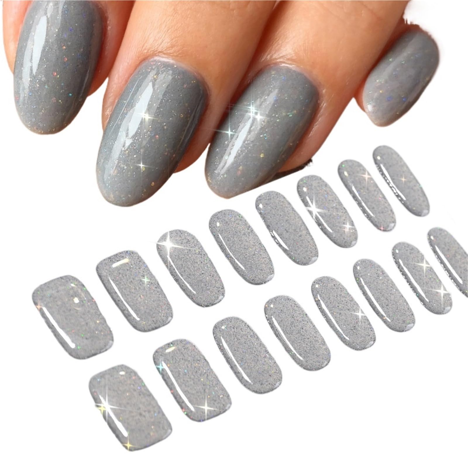 5Pcs Glitter Gold Nail Strips - Semi-Cured Self-Adhesive Full Wraps for Gel Nails with Nail File(Glitter Grey)
