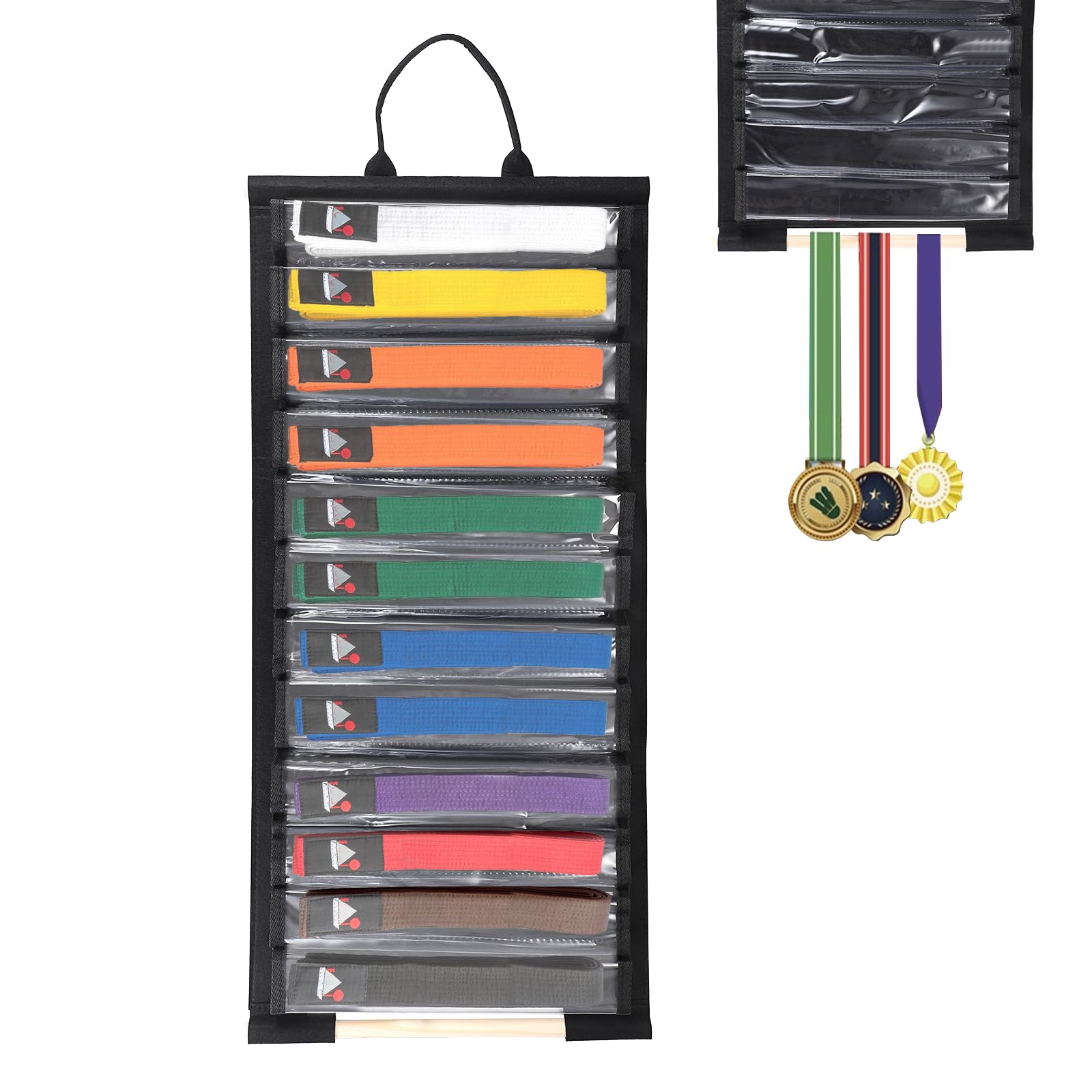 JUXYES Wall Hanging Martial Arts Belts Organizer for 12 Belts, Portable Karate Belt Display Holder with Medals Hanging Stick, Lightweight Taekwondo Belt Organizer for Martial Arts Learners