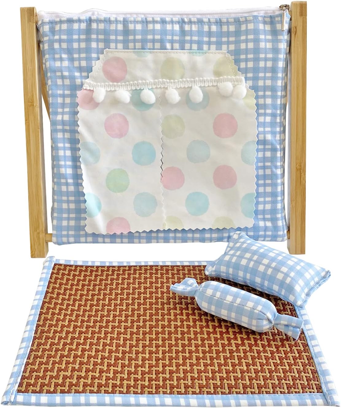 Portable Bamboo Stand Small Animal Bed Tents House Cave Habitat Hideout with Hidey Curtain for Hamster/Mice/Gerbil Rats/Hedgehog Nest Cushion Beds 2 Pillows (Blue)