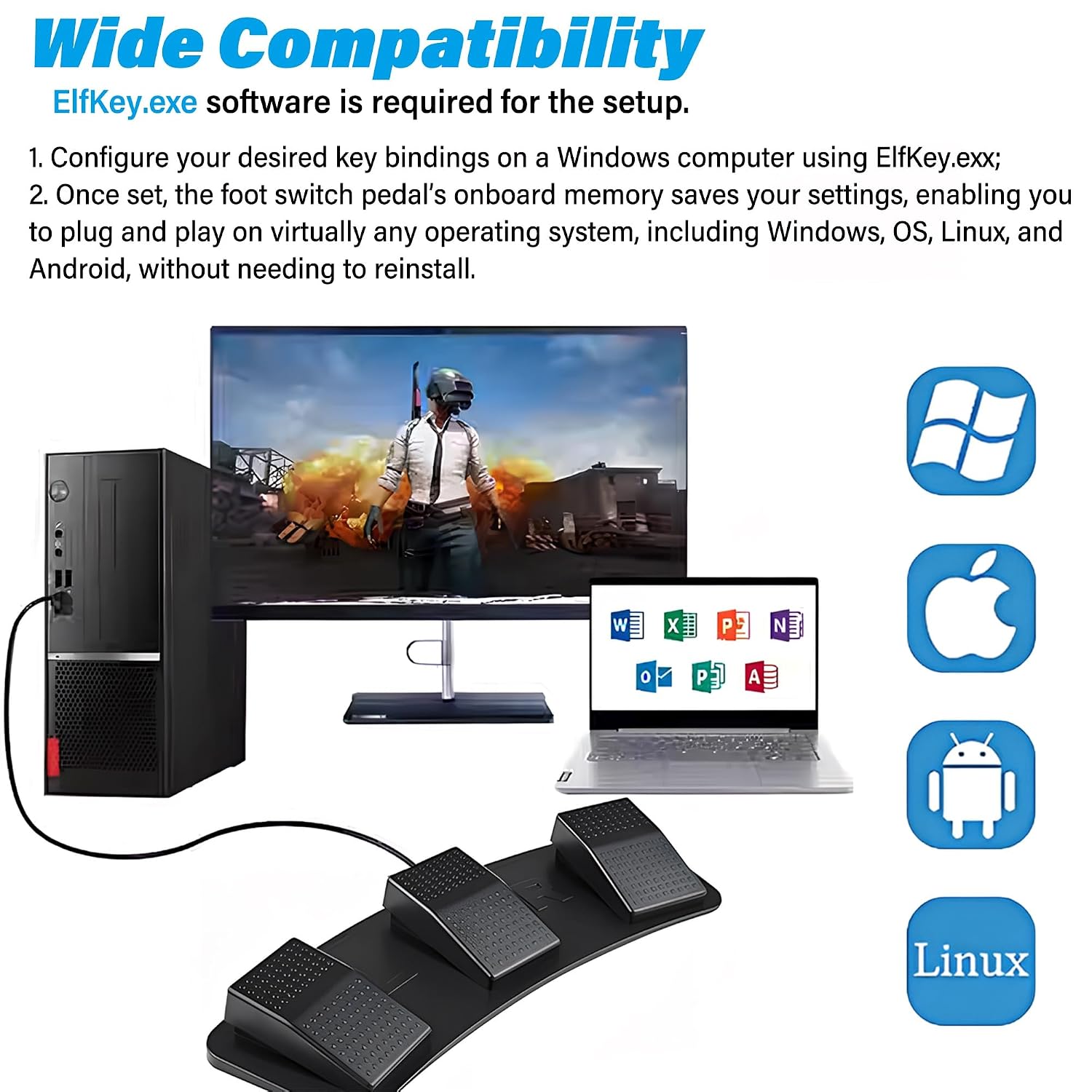 USB PC Foot Pedal, Photoelectric Programmable Triple Foot Pedal Switch Multifunctional for PC Gaming Computer Keyboard Mouse Video Game Office Equipment