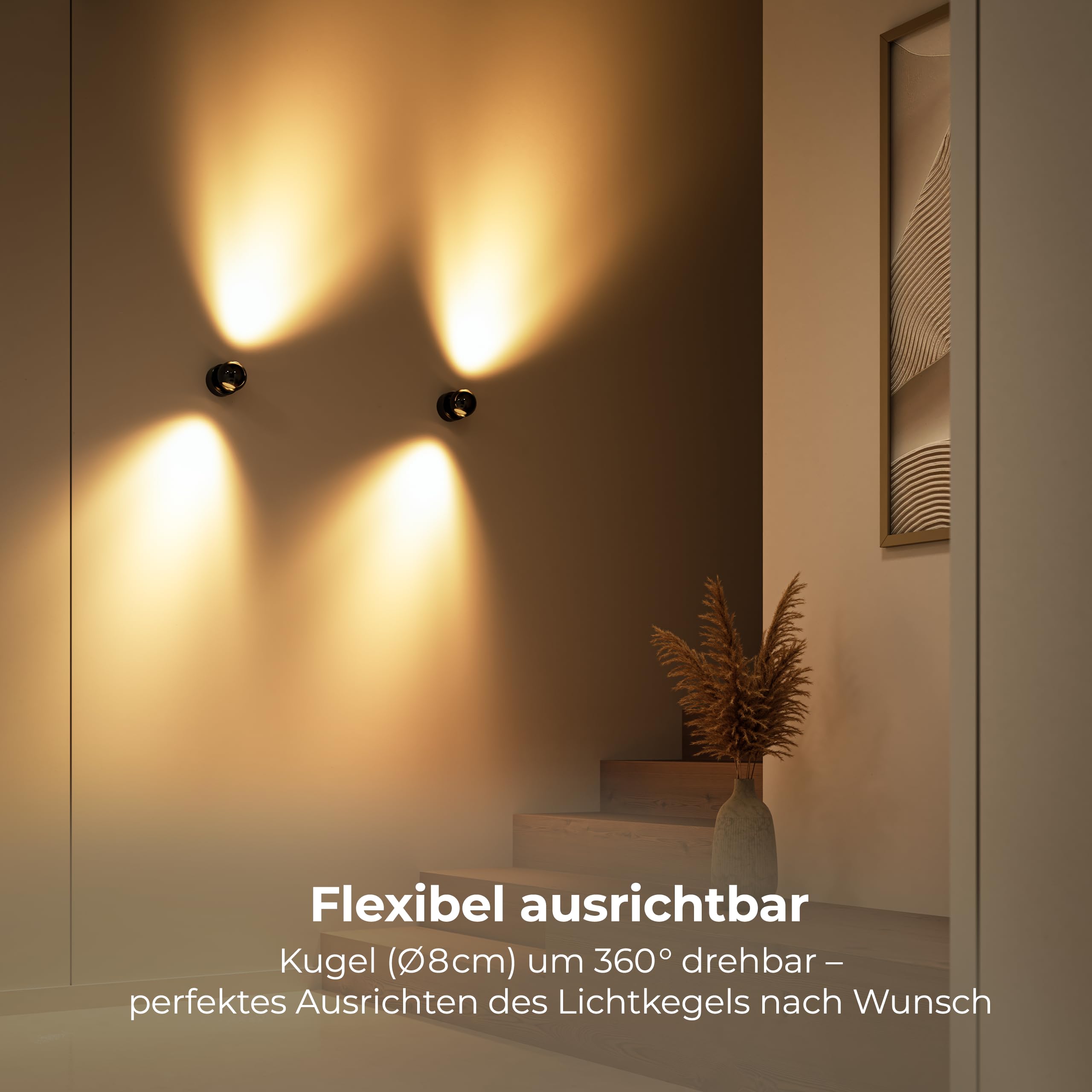NEONA PONTOS LED Wandleuchte – dimmbar per Fernbedienung, warmweiß (2700 K), CRI 96, 360° drehbar, hochwertige Aluminium‑Glas Bauform, Designer‑Licht, 8 cm Durchmesser (Schwarz Chrom)