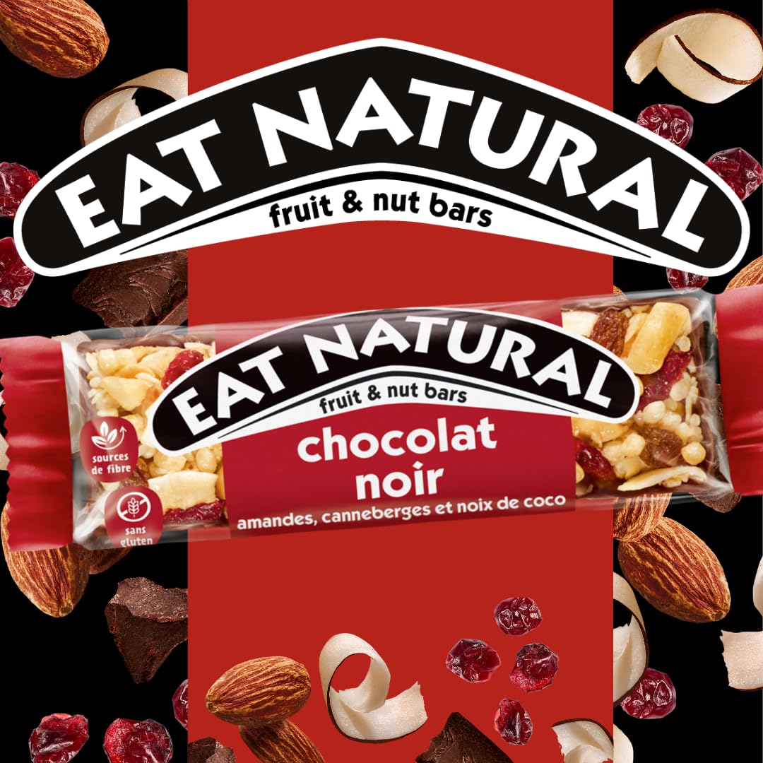 EAT NATURAL - Barres sans gluten - Cranberries, amandes, noix de coco et chocolat noir - 12 barres de 40g