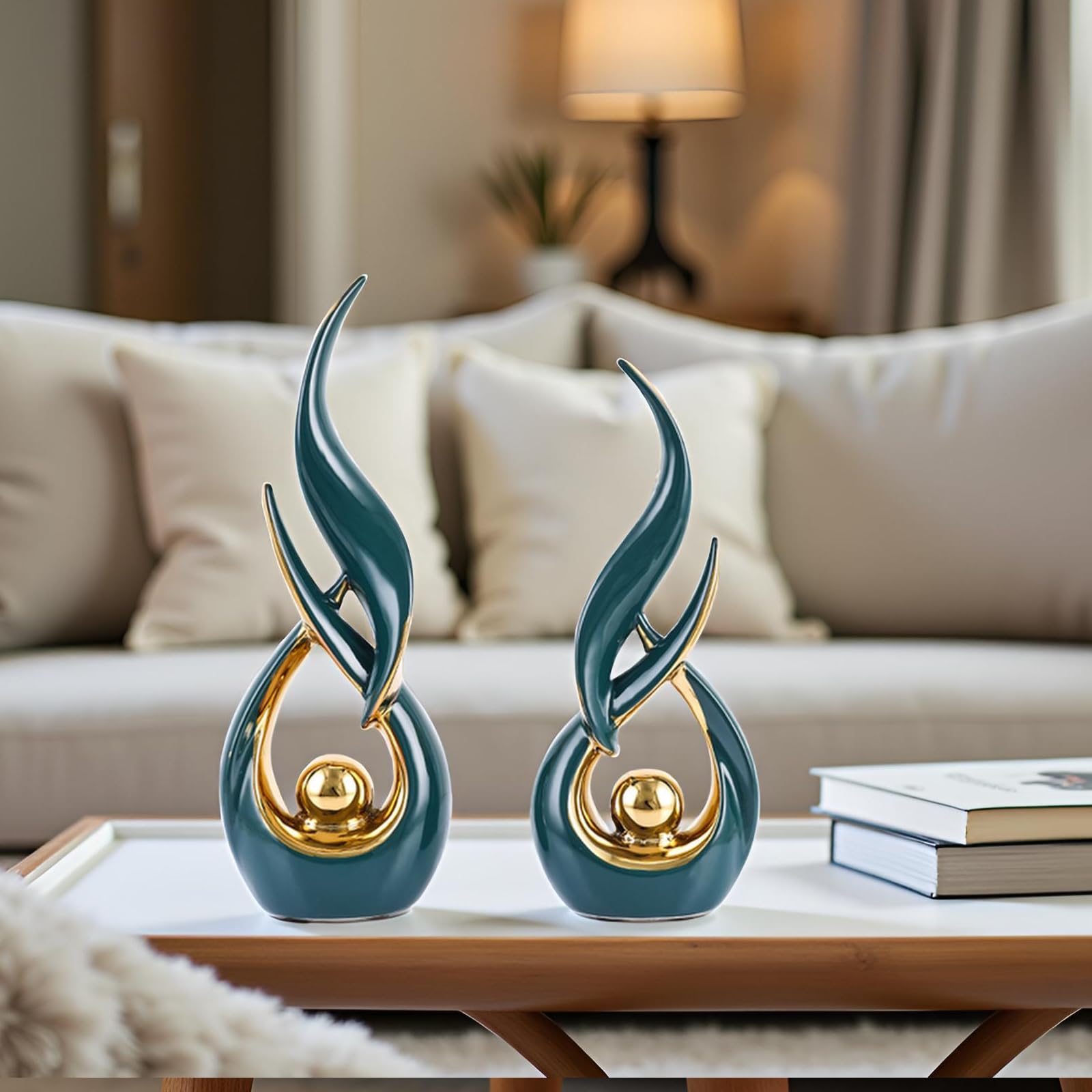 XMGZQ Juego de 2 estatuas abstractas de cerámica Dorada, Arte Abstracto Moderno de Mediados de Siglo, decoración del hogar, repisa de Chimenea en un Estante único, Divisor de Mueble de TV (Verde)