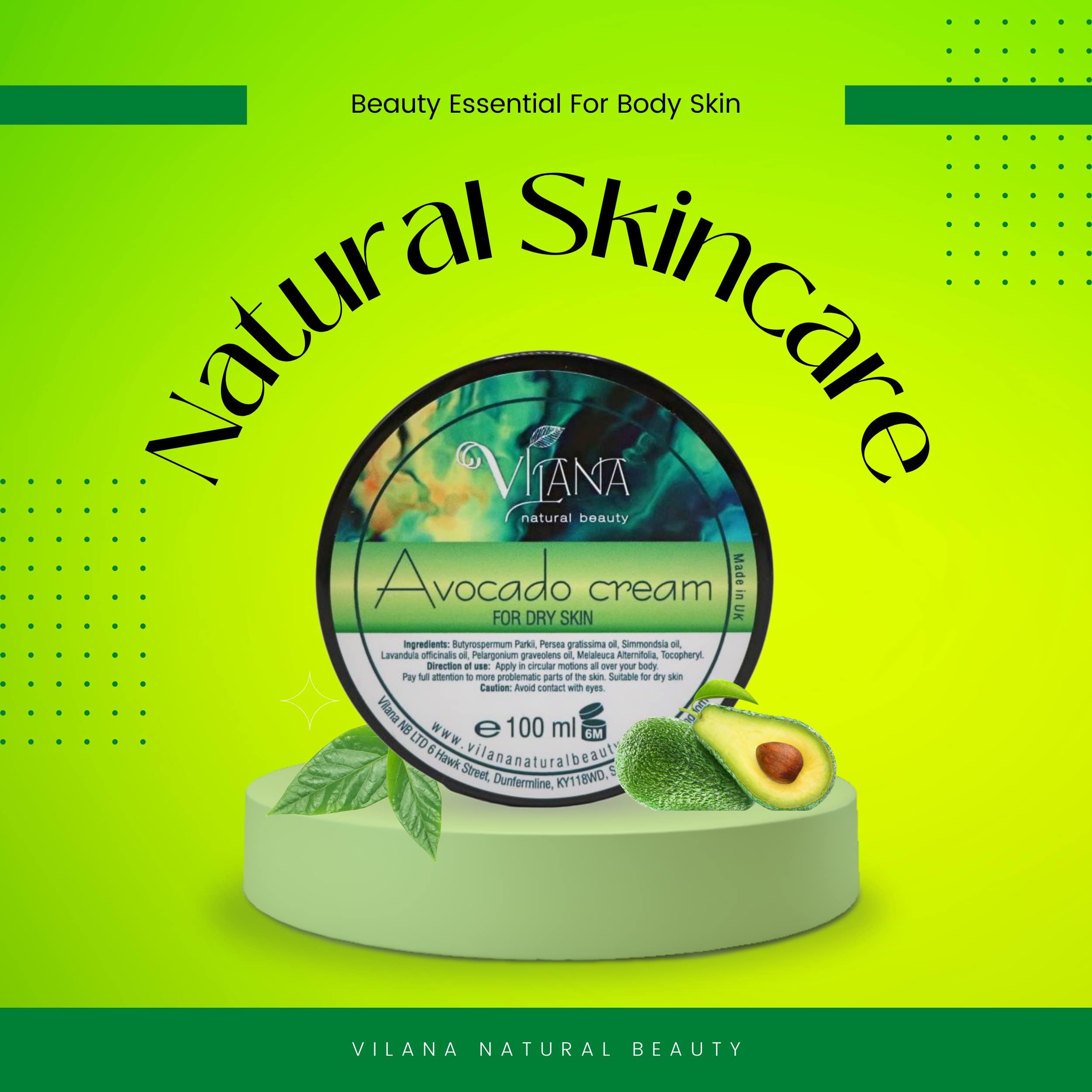 Vilana Avocado Cream for Dry Skin 100% Natural Vegan Body Cream, Sulphate-Free Body Lotion - Image 2