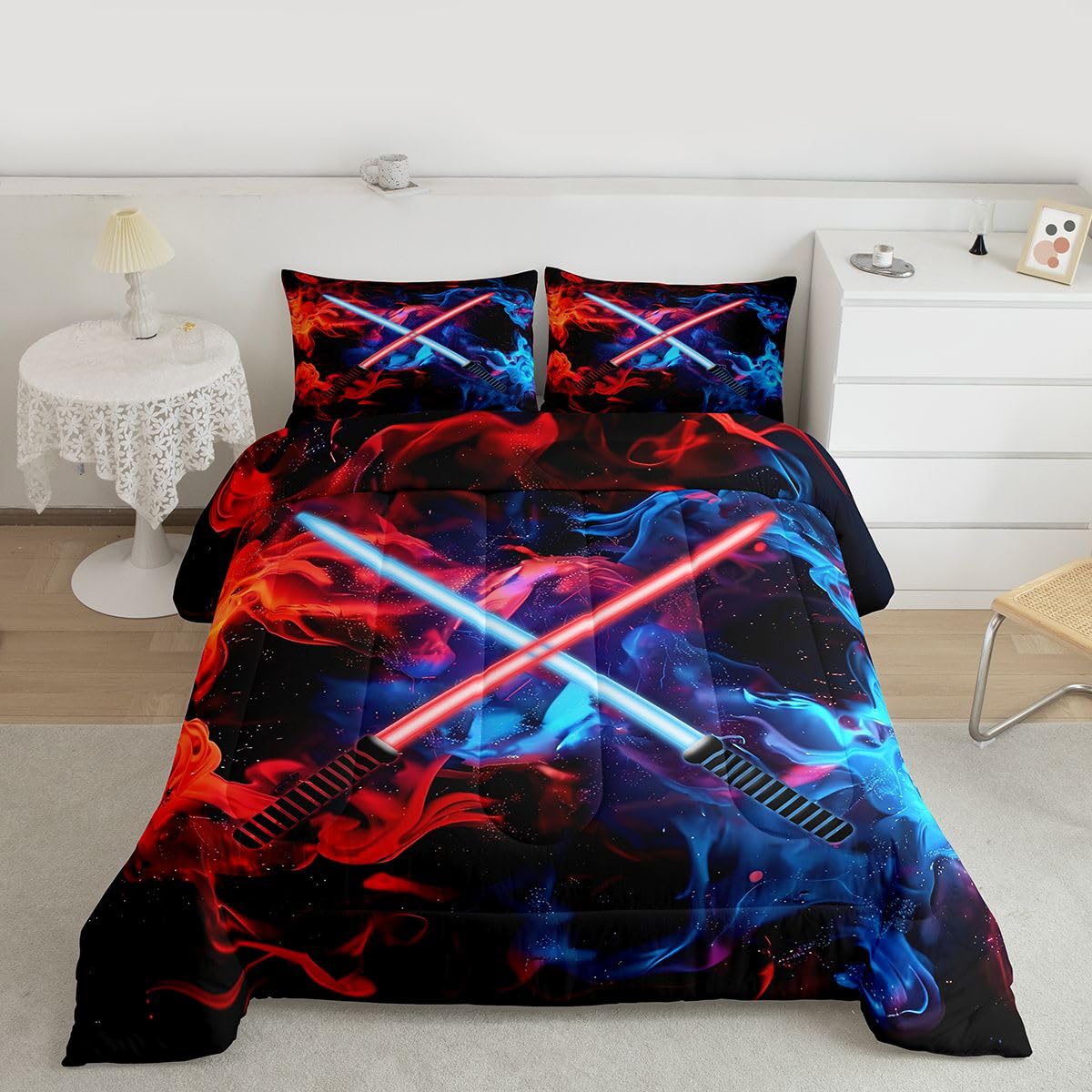 Castle Fairy Blue Red Lightsaber Comforter Set,Galaxy Flame Bedding Set for Kids Girls Women,Adults Neon Video Games Comforter,Cool Lightsaber Quilted