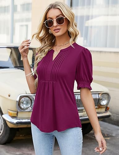 Miniatura 2 de Ivicoer Blusa de verano para mujer, manga cortalarga, plisada, cuello en V, floral, estilo túnica, elegante, informal, S-XXL