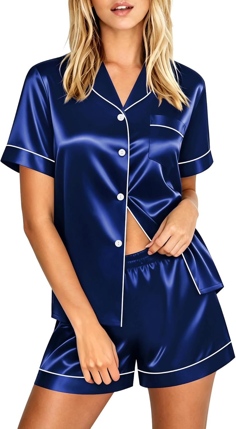 LecGee Womens Silk Satin Pajamas Short Sleeve Loungewear Two-Piece Sleepwear Button-Down Pj Set
