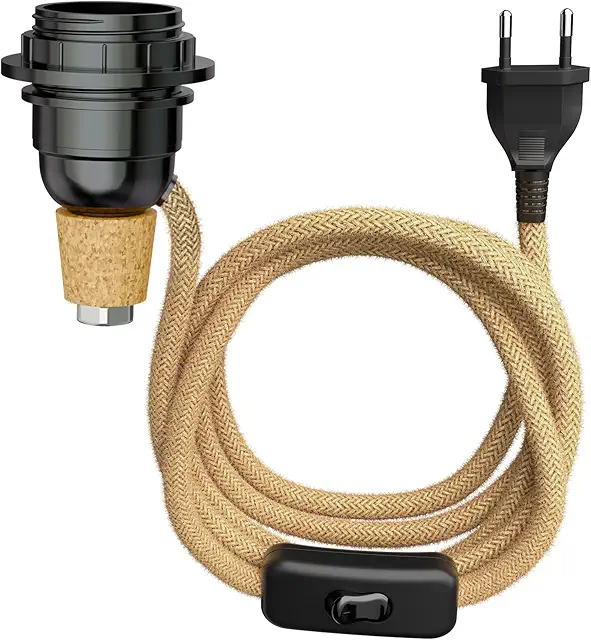 Lampada Bottiglia FLAKO in Sughero con Interruttore, Cavo Tessile Canapa Beige, E27 max 60W