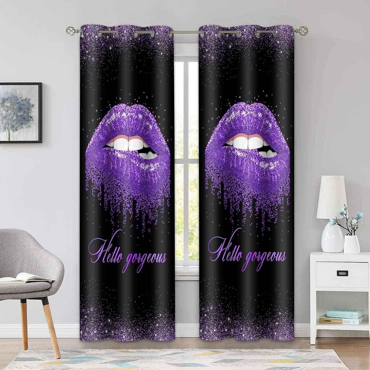 BSPPTI Lips Curtains for Bedroom, Hello Gorgeous Curtain Women Girls Room Darkening Thermal Insulated Blackout Window Drapes for Living Bedroom, 42"x 84", 2 Panels(Purple), CLZYSP307