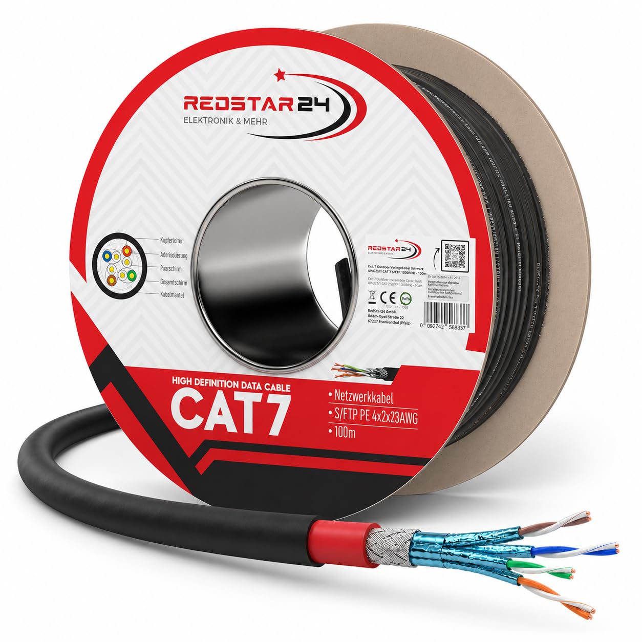 RedStar24 Cat7 Erdkabel 100m Outdoor LAN Kabel S/FTP AWG23/1 UV-beständig | PE Doppelmantel, PoE, direkte Erdverlegung, 10Gbit/s, S/FTP Schirmung, Kupfer, Cat 7 Ethernet Kabel für Außenbereich
