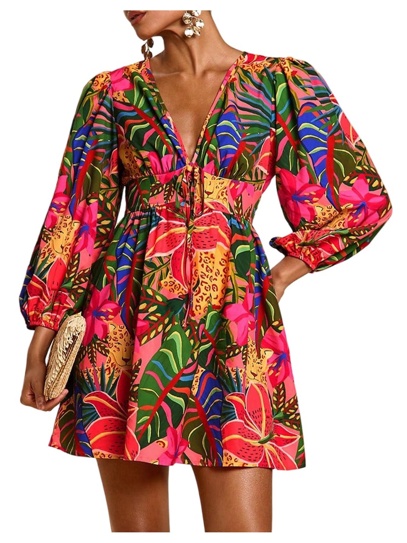 Women's Tropical Floral Boho Tie V Neck Puff Sleeve Summer Dresses