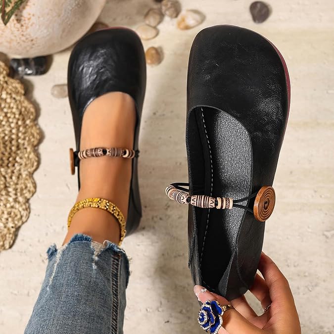 Women Flat Shoes Round Toe Ankle Strap Loafers Lightweight Slip On Leather Shoe Comfy Non Slip Casual Flats