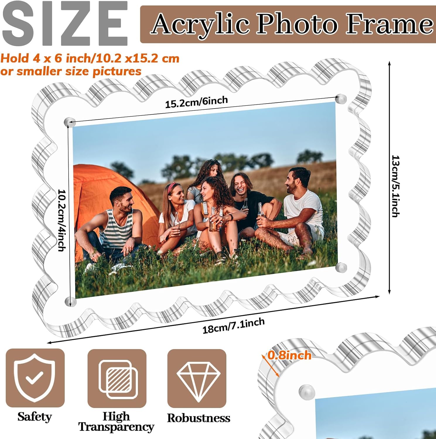 3 Sets 4x6 Acrylic Picture Frame 10+10mm Thick Block Double Sided Magnetic Picture Frame Frameless Clear Picture Frames Acrylic Photo Scalloped Frames Freestanding for Desktop Display
