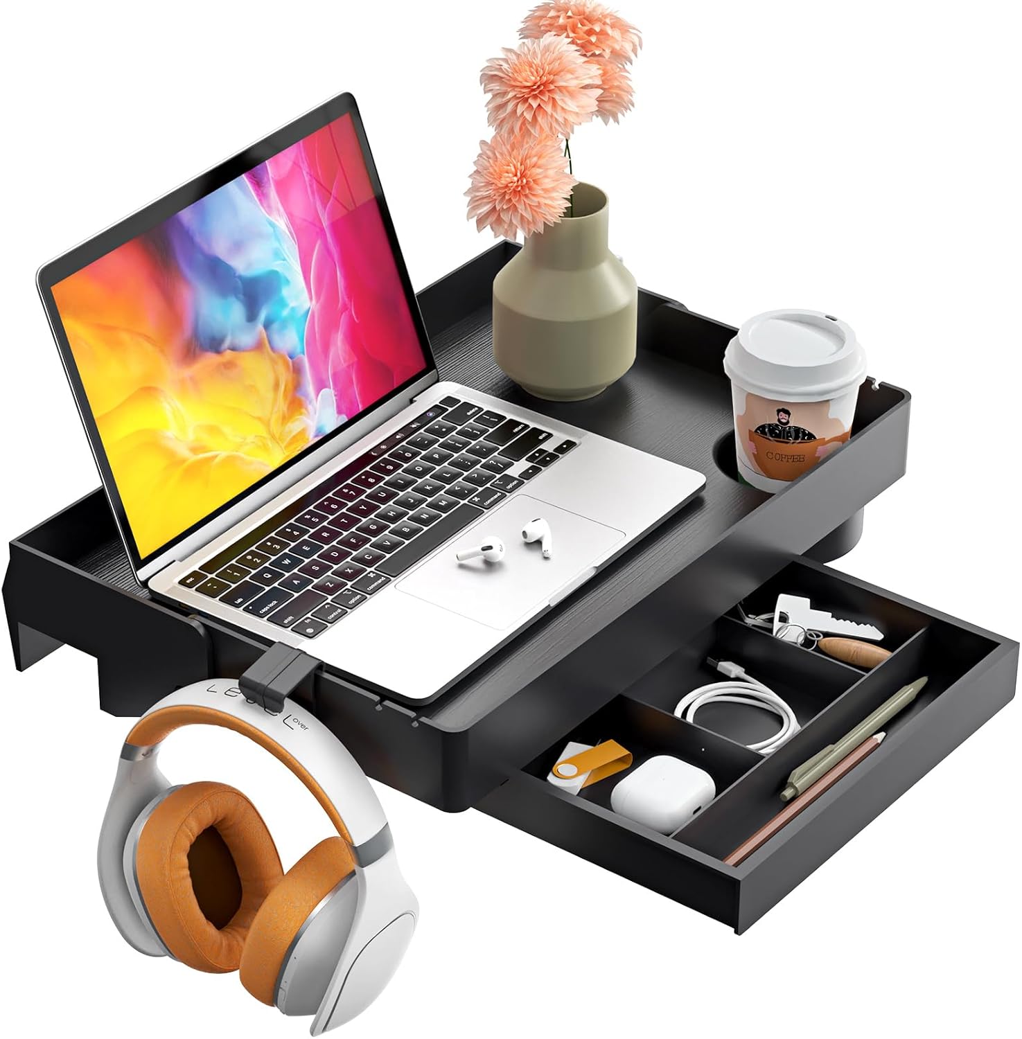 SPACEKEEPER Folding Bedside Shelf with Drawer, ClipOn Bedside Tray