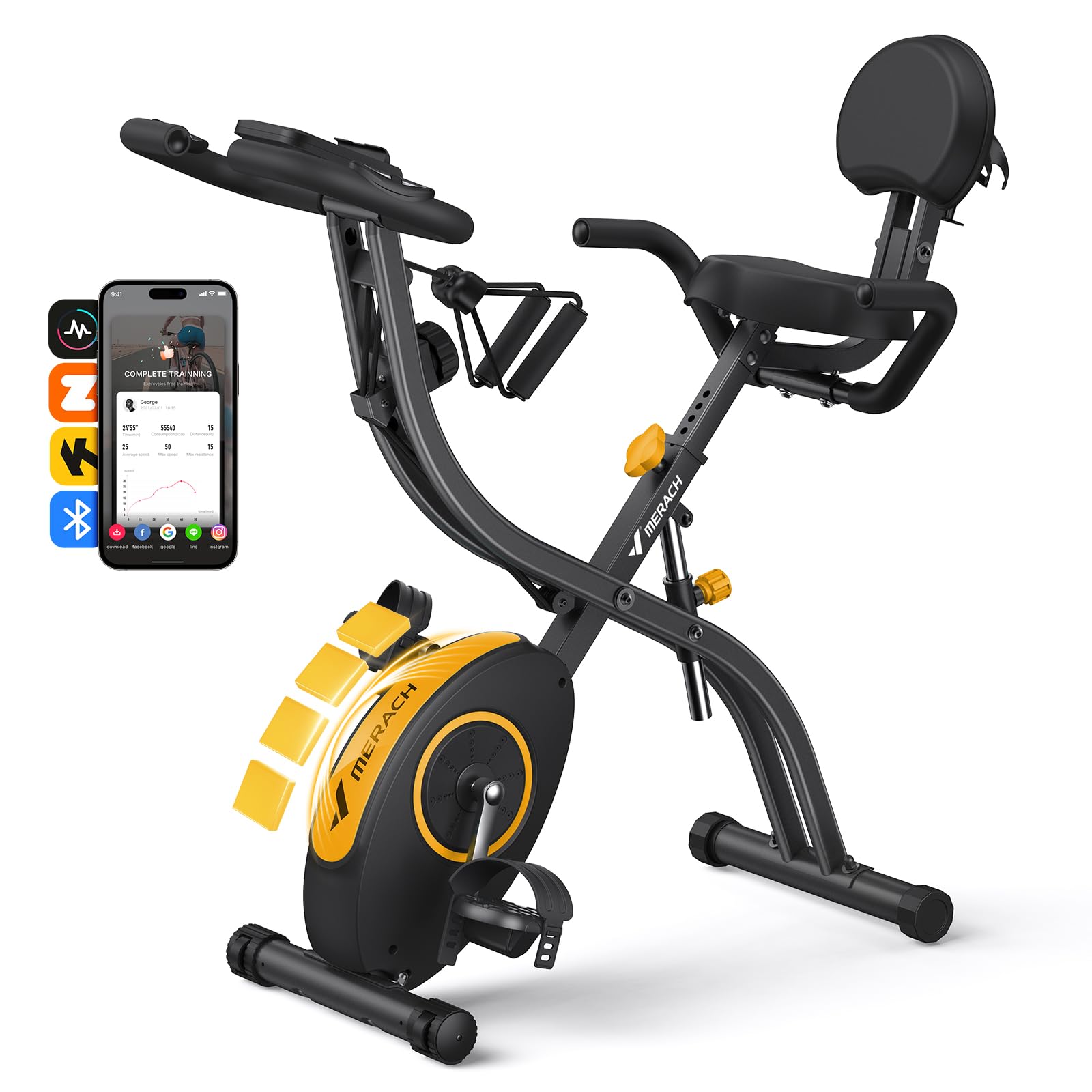 MERACH Multifunctional Foldable Exercise Bike - Exclusive APP for Customizable Plans, 16-Level Magnetic Resistance Folding Stationary Exercise Bike, 300lbs Capacity & Comfort Seat Cushion-Yellow