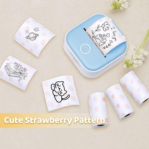 Miniatura 6 de Ponek T02 - Mini papel térmico para impresora térmica, papel térmico adhesivo con patrón de fresa, 1.76 x 1.4 pies para notas, diario, fotos, texto,