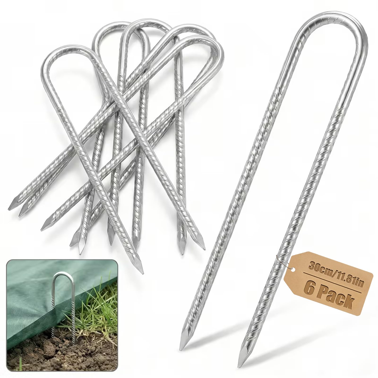 ddckj 6Pcs Tent Pegs Metal Heavy Duty Extra Long Tent Pegs 12 inch U Shaped Galvanised Metal Rebar Stakes for Garden Trampolines Swing Camp Football Net Fences