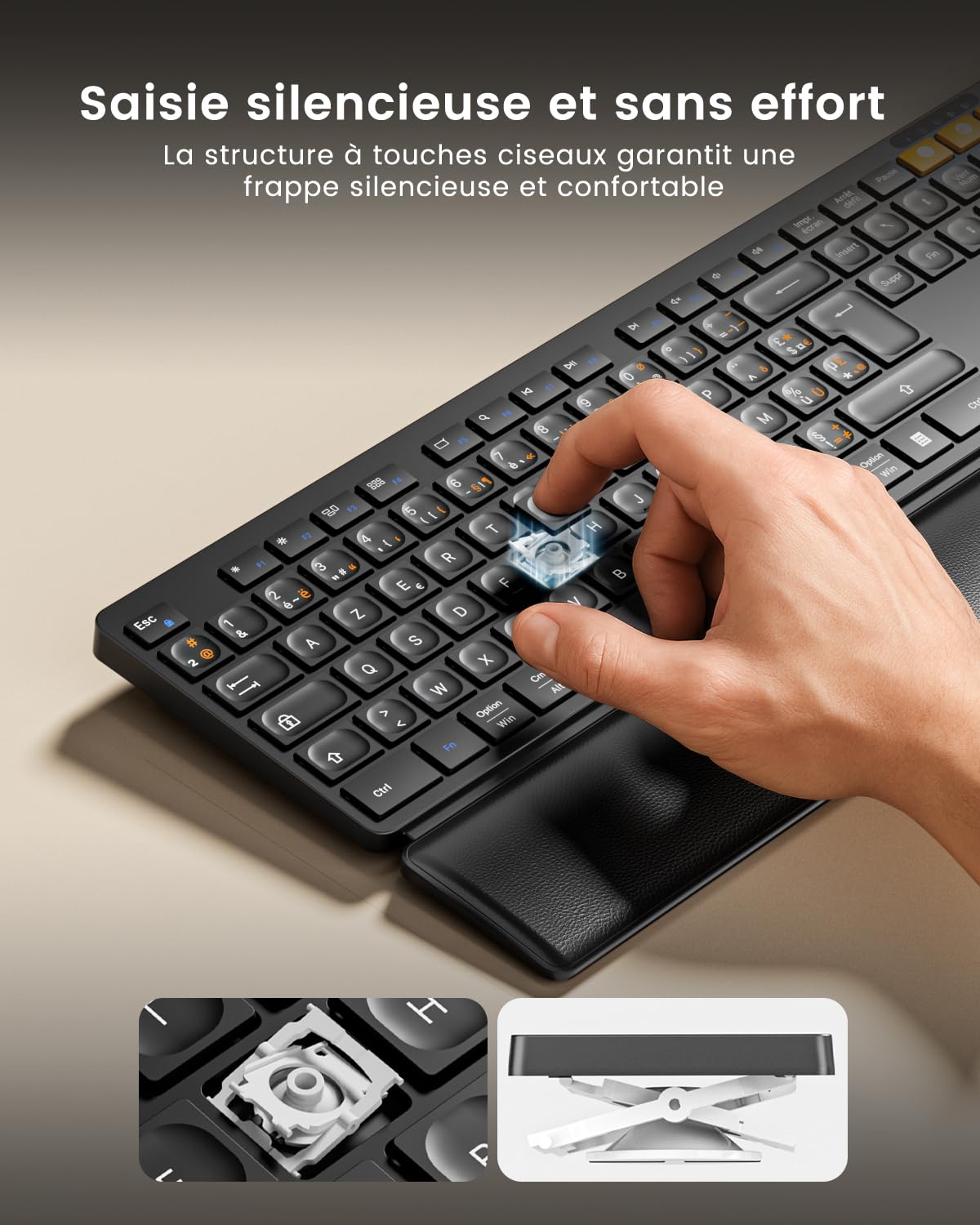 ProtoArc KM60 Pack Clavier Bluetooth Souris sans Fil, Rechargeable | avec Repose-Poignet, Pleine Taille, AZERTY Français, 2,4G + 2*Bluetooth, pour Portable, PC, Mac, Windows - Noir