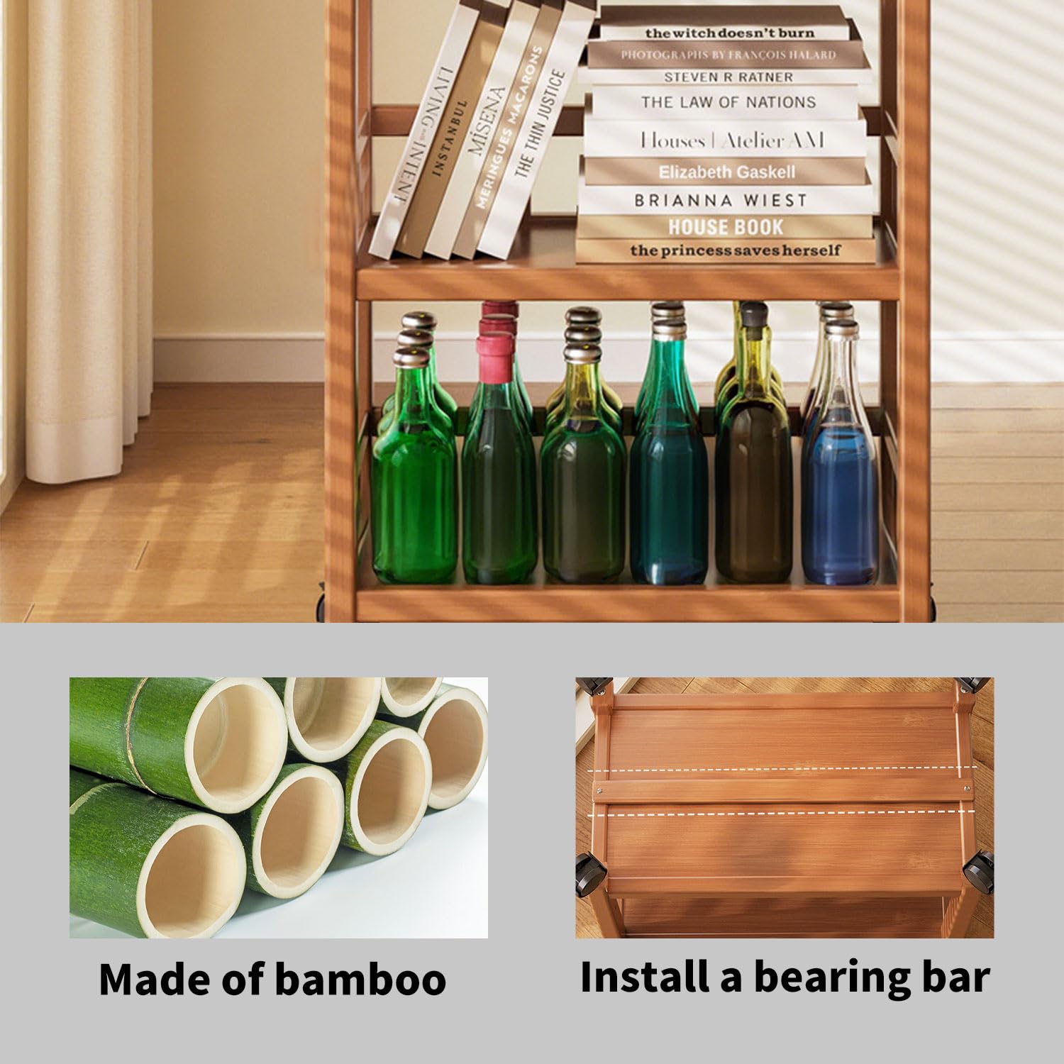 Carro de servir con ruedas, carrito de cocina de madera, 3 estantes, carrito móvil multiusos para cocina, baño, pasillo y balcón, carrito auxiliar para ahorrar espacio