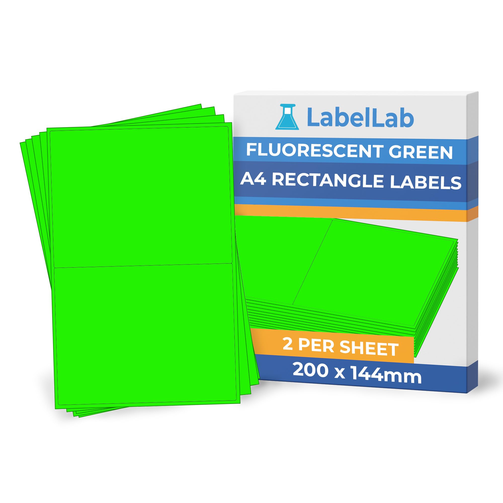 Fluorescent Green A4 Rectangle Labels – Bright Coloured Printable Sheet Labels for Inkjet & Laser Printers, Permanent Adhesive – 2 Per Sheet (200 × 144 mm), 500 Sheets – LabelLab