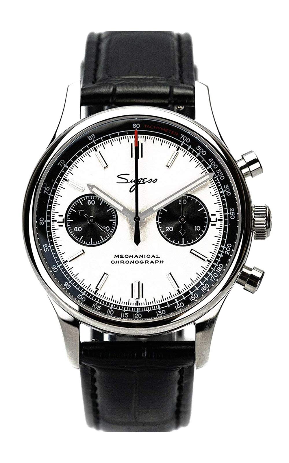 Sugess Orologio Meccanico Uomo Cronografo ST1901 Movimento Orologi da Polso Impermeabile Zaffiro Lancette Luminose (40MM Bianco + Senza Gooseneck)