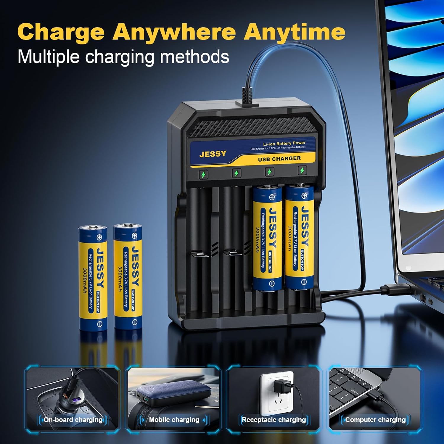 JESSY 4 Pack 3.7Volt Rechargeable Battery Charger Set, 3.7Volt Rechargeable Battery Button Top 3000mAh for Flashlights, Headlamp(4Pcs+Charger)