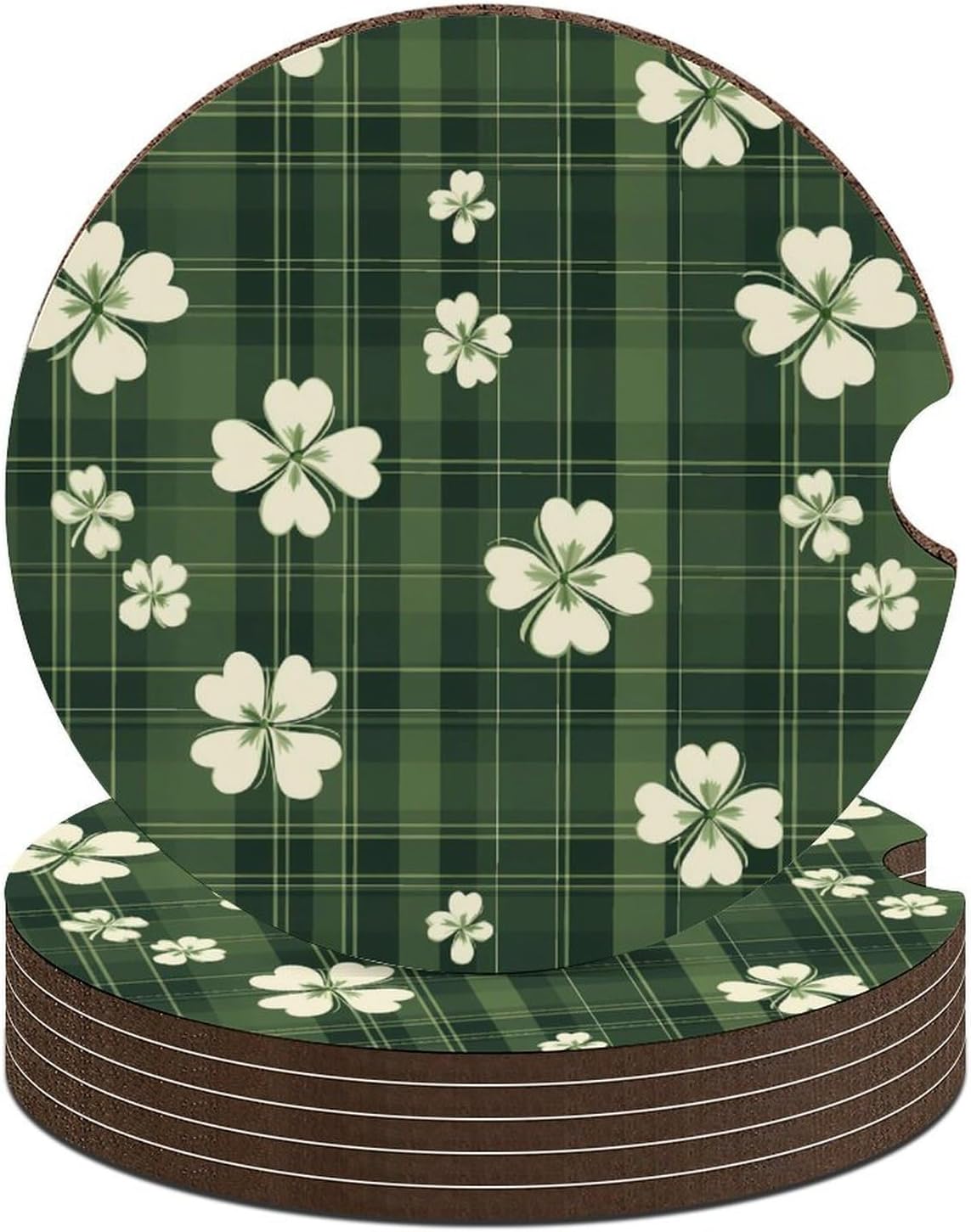 Green Plaid Checkered Shamrocks Cute Car Coasters 2.56 Inch Absorbent Cup Holder for Drinks Auto Interior Accessories