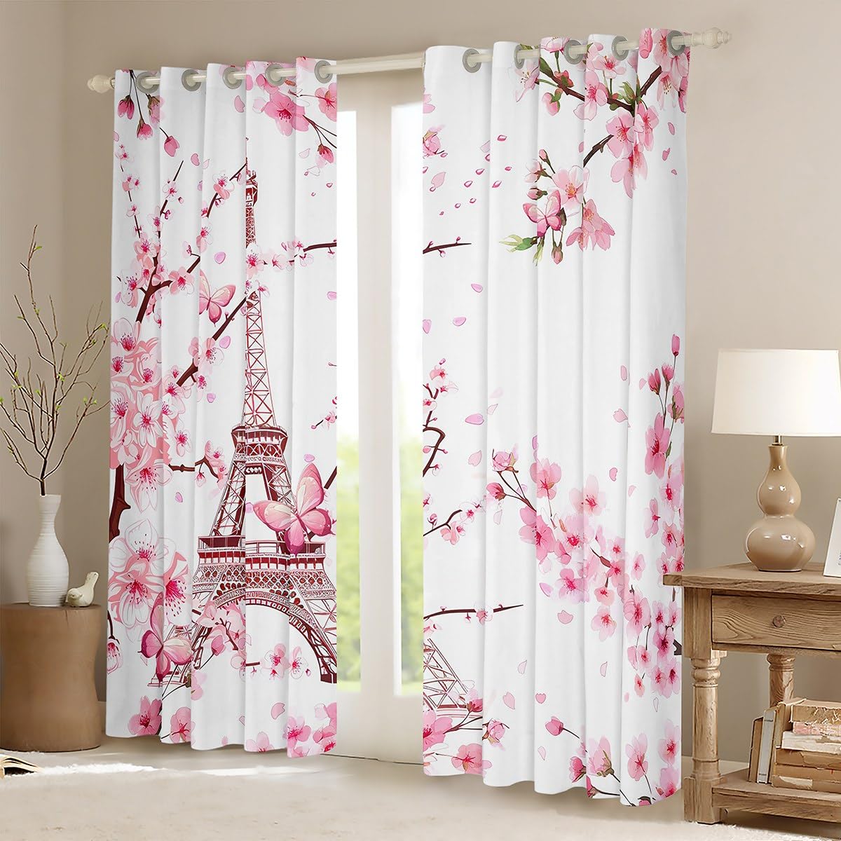 Eiffel Tower Window Curtains,Pink Cherry Blossoms Curtain,Peach Blossom Window Drapes for Kids Teens Boys Young Man,Modern Bedroom Decorative,Butterfly Curtain,38Wx54L