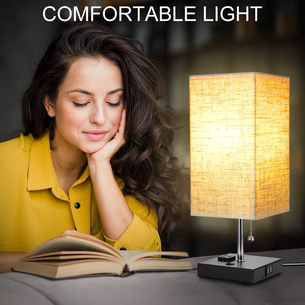 Consciot USB Bedside Table Lamp, Beige Square Fabric Shade Nightstand Lamp with 2 USB Charging Ports & One Outlet, Desk Lamp with Pull Chain for Bedroom, Guest Room, Office (BULB NOT INCLUDED)