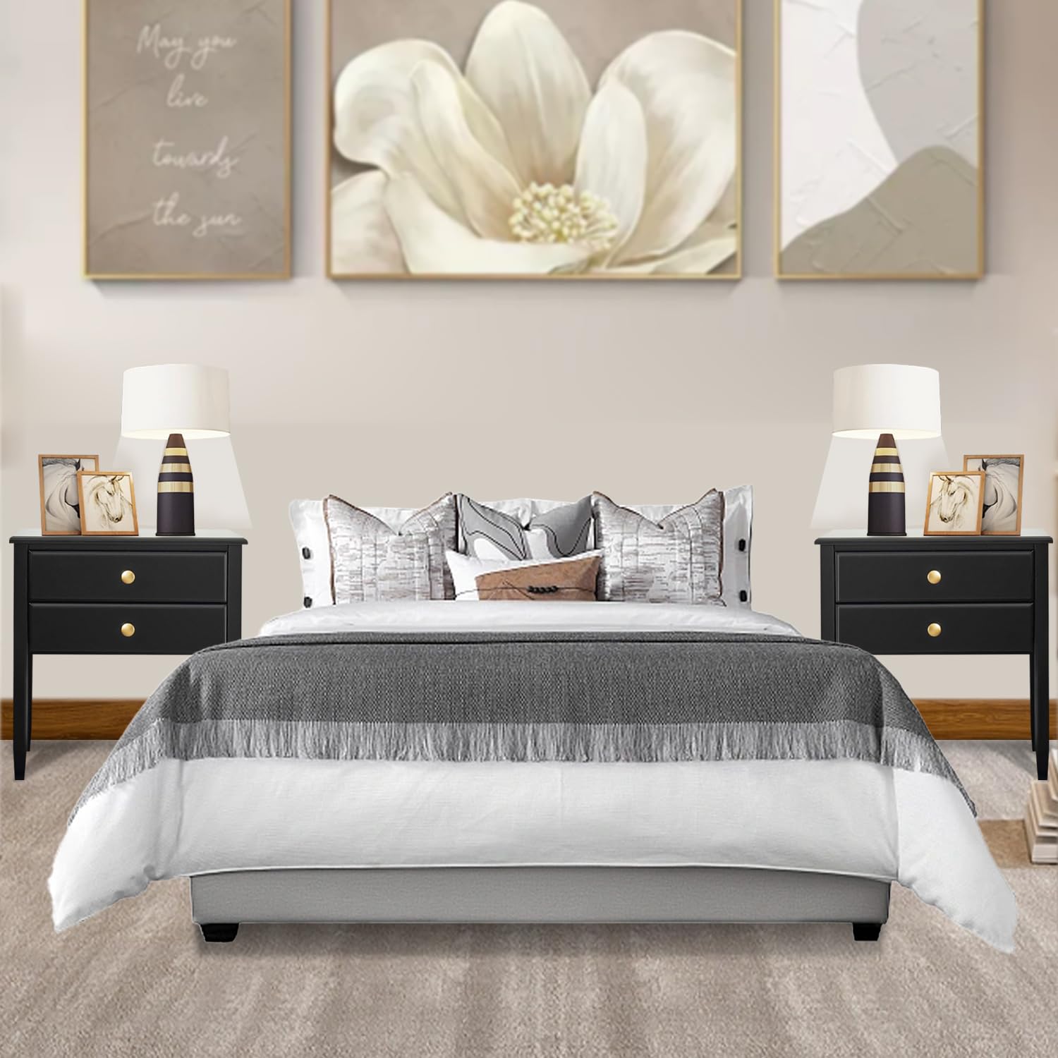 Black Bamboo Nightstand Set of 2, Mid-Century Modern Night Stand with 2 Drawers for Bedroom, Bedside Table Side Table for Small Spaces, Bedroom, Living Room