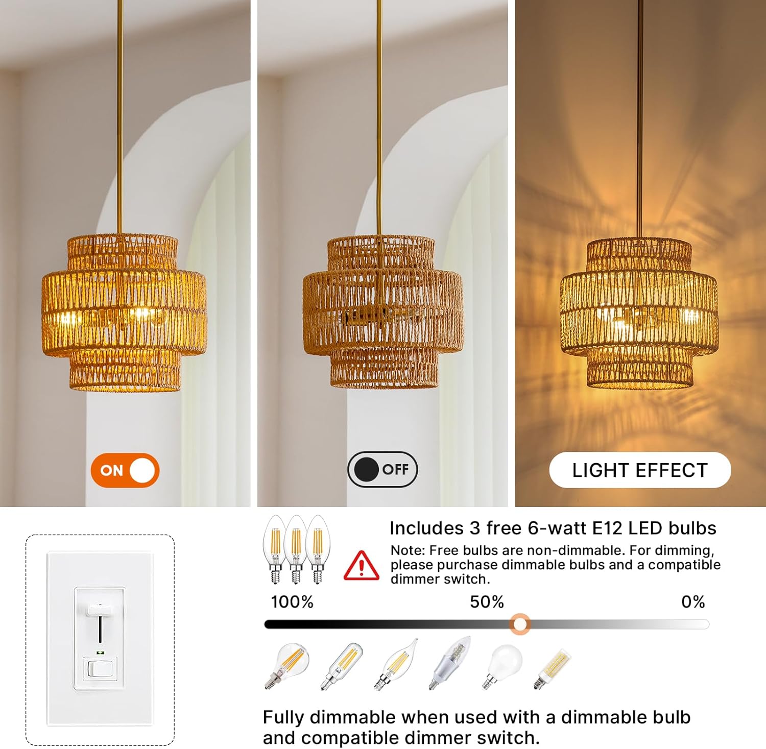 MODIVO 3-Light E12 Boho Rattan Chandelier, 12.6 Inch Hand Woven Farmhouse Pendant Light for Kitchen Island, Dining Room, Bedroom, Rustic Hanging Lamp, Living Room, Entryway, Foyer