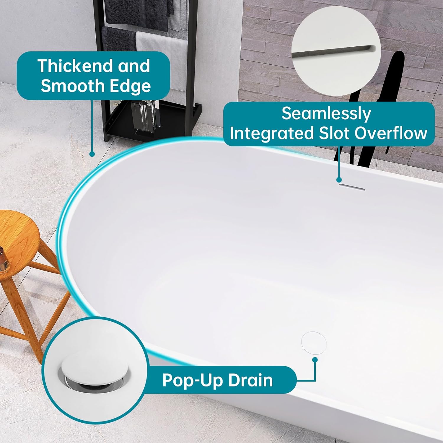 59'' Freestanding Tubs Bathtub Bathroom Solid Surface Resin Stone Bathtubs soaker Tubs Oval Shaped Matte Luxury Modern Soaking Tub with Overflow and Pop-up Drain - White