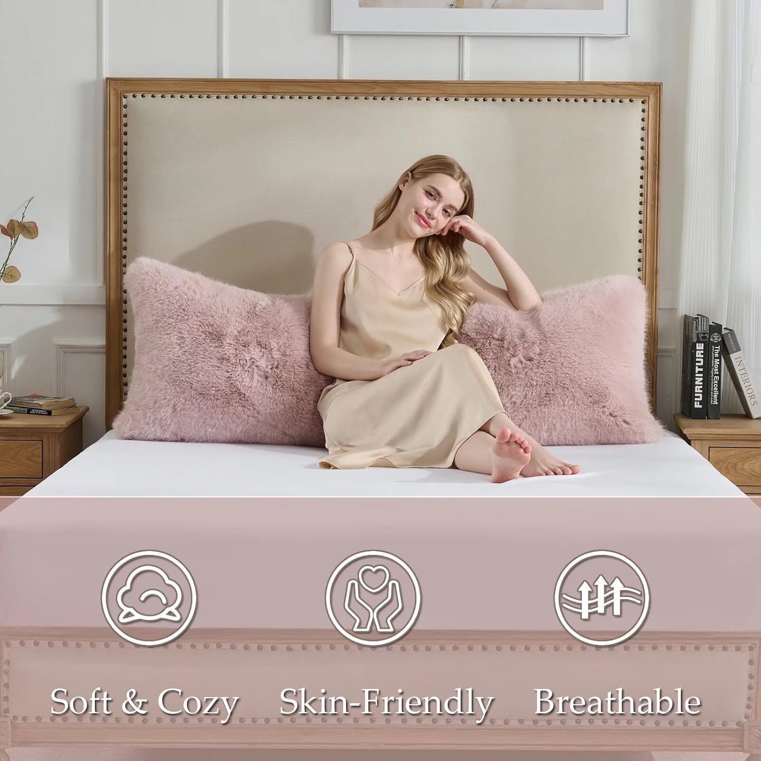 20x54 inch Luxury Fluffy Body Pillow Cover(No Filling),Shaggy Furry Body Pillowcase with Zipper,Soft Decorative Plush Full Long Pillow Cover for Pregnant Women Side Sleeper-Pink