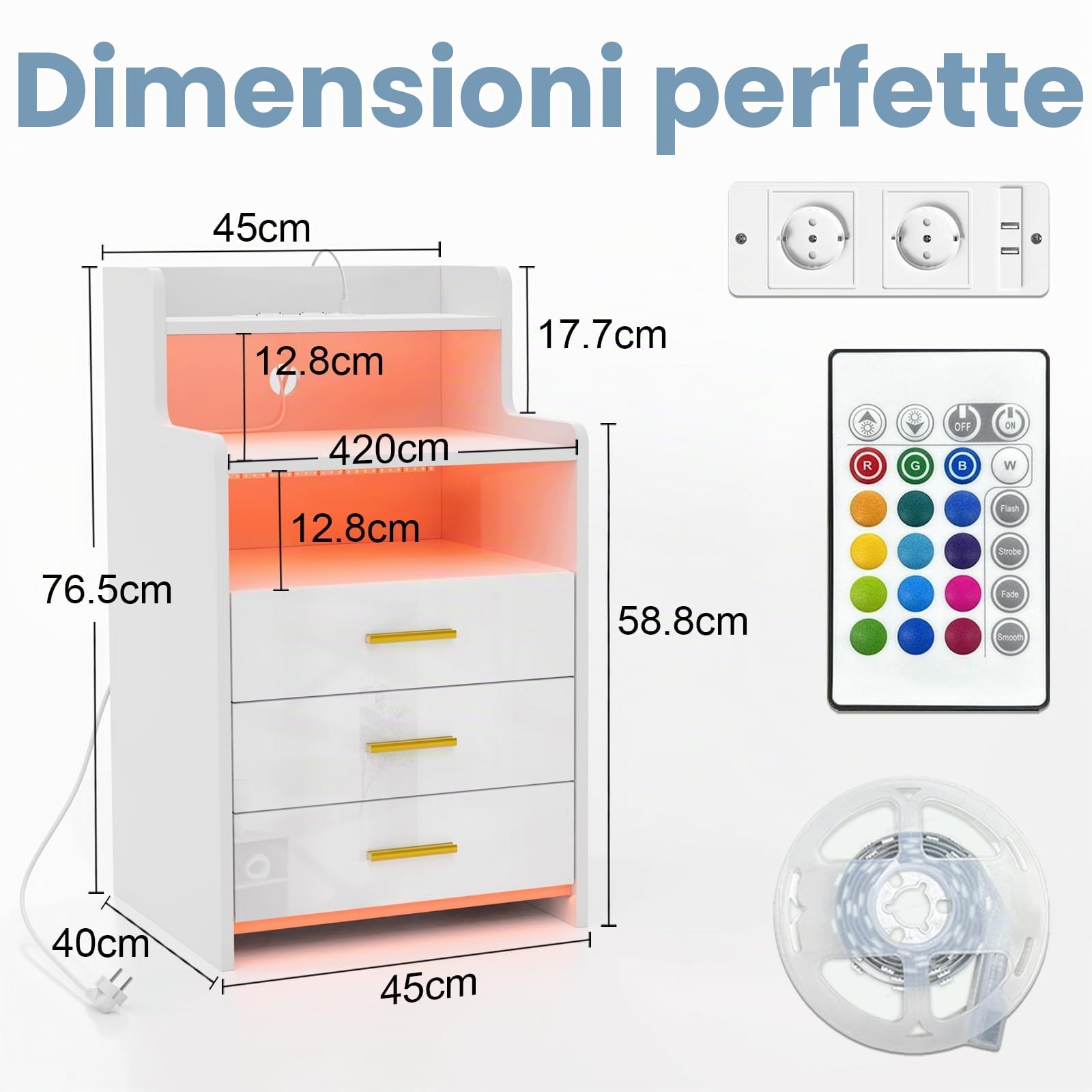 Comodino Camera da Letto Con Stazione di Ricarica, LED Comodini Camera da Letto Moderni con 3 Cassetti, Grande Tavolino da Letto Tavolino da Divano Soggiorno, 40x45x76 cm Comodino Bianco Salvaspazio