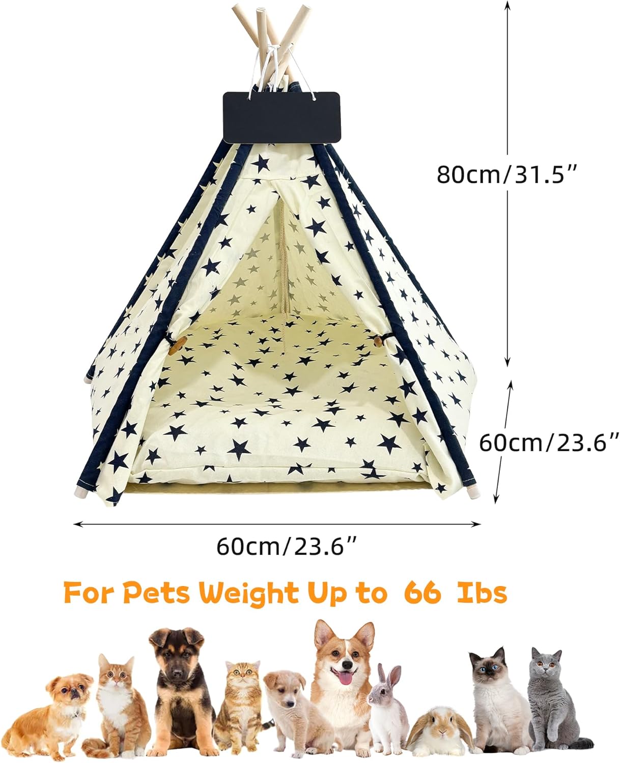 Pet Tent/Tipi for Cats & Dogs - Washable Canvas, Foldable Pet Teepee with Anti-Slip Base & Detachable Cushion | Indoor/Outdoor Safe Shelter for Pets-Beige-L