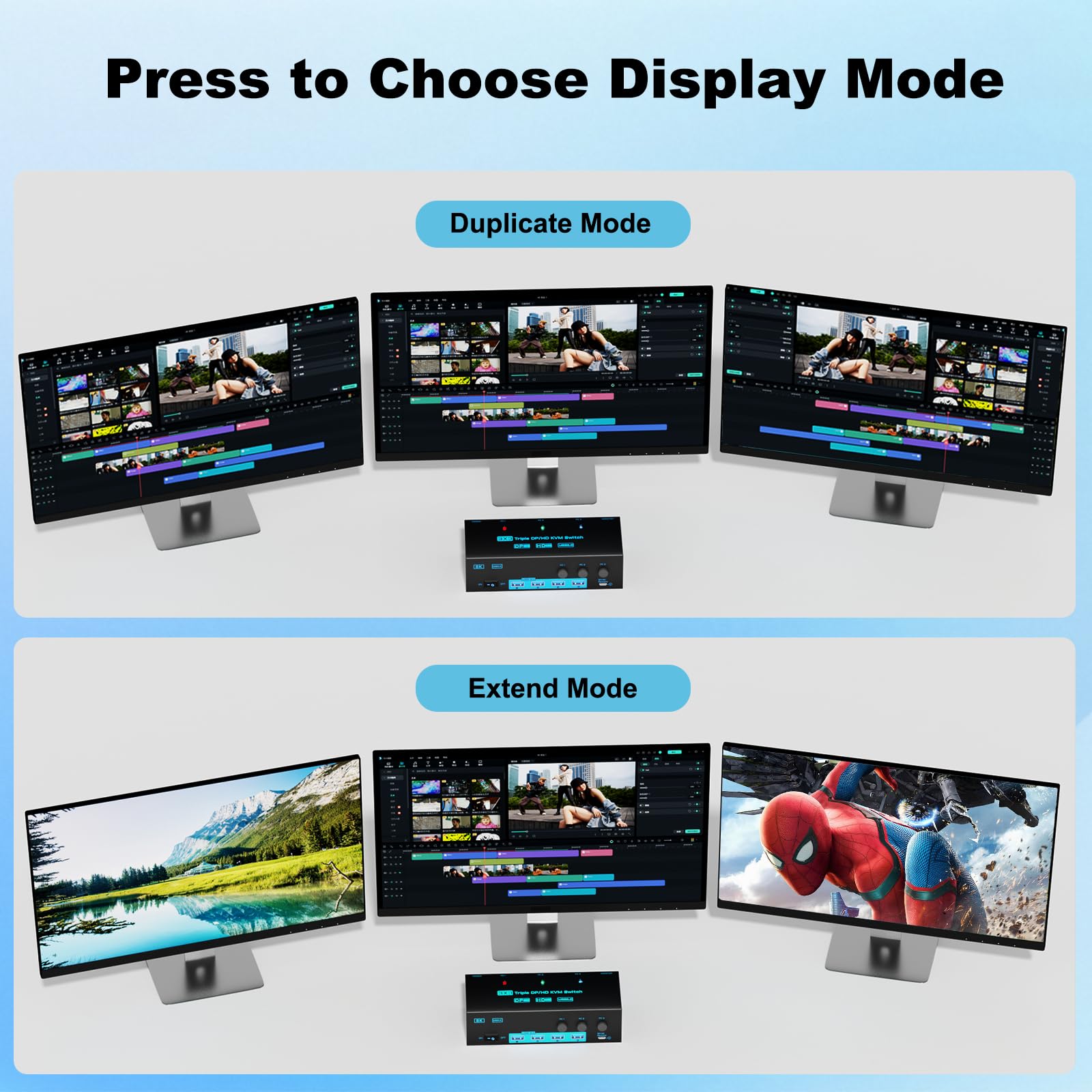 8K/4K KVM Switch 3 PC 3 Monitore Triple Monitor 3 Port 2 Displayport 1.4 and HDMI 2.1 USB 3.0 KVM Switches, DP 1.4 Supports 8K@30Hz/4K@144Hz, HDMI Supports 8K@60Hz /4K@120Hz with Wired Remote