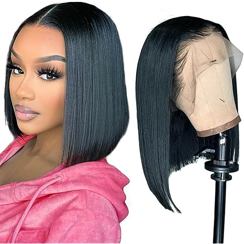 Bob Wig Human Hair Full Straight Bob Lace Front Wigs Human Hair 180% Density 13x4 HD Lace Front Wigs Human Hair Short Bob Wigs for Black Women Pre Plucked with Baby Hair (16 Inch)