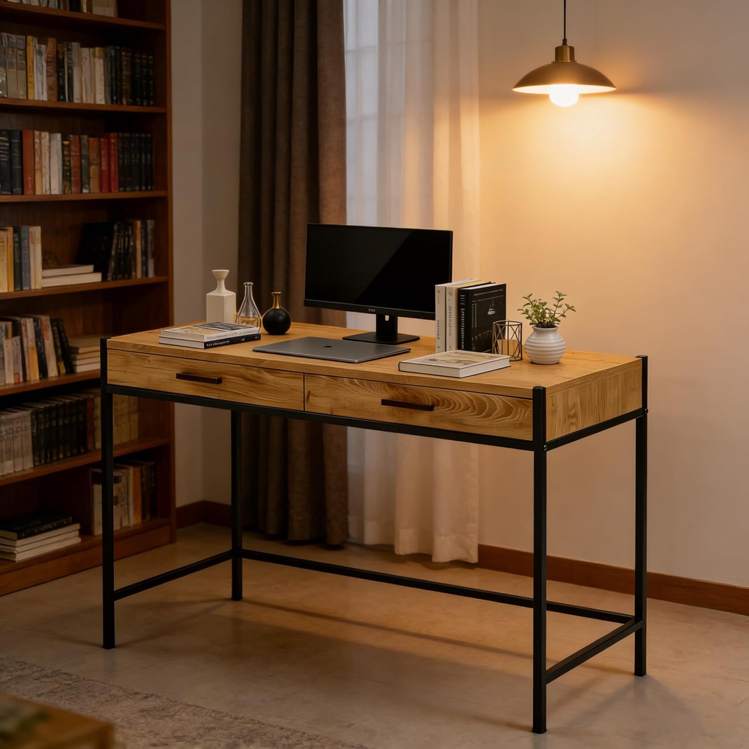 Caffoz Modern 48 Inch Mahogany Finish Writing Desk, Home Office Computer Table with 2 Drawers Storage, Study Laptop Workstation Space Saving Design (Brown)