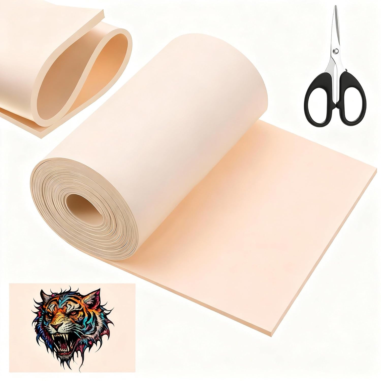 148 x 6.3 Inch Rolled Blank 3mm Tattoo Practice Skin with 1 Scissors, One Roll Equivalent to 20+ Pieces 3mm Fake Skin Double Sides, Thick Silicone, Free Cutting, for Beginners Professionals