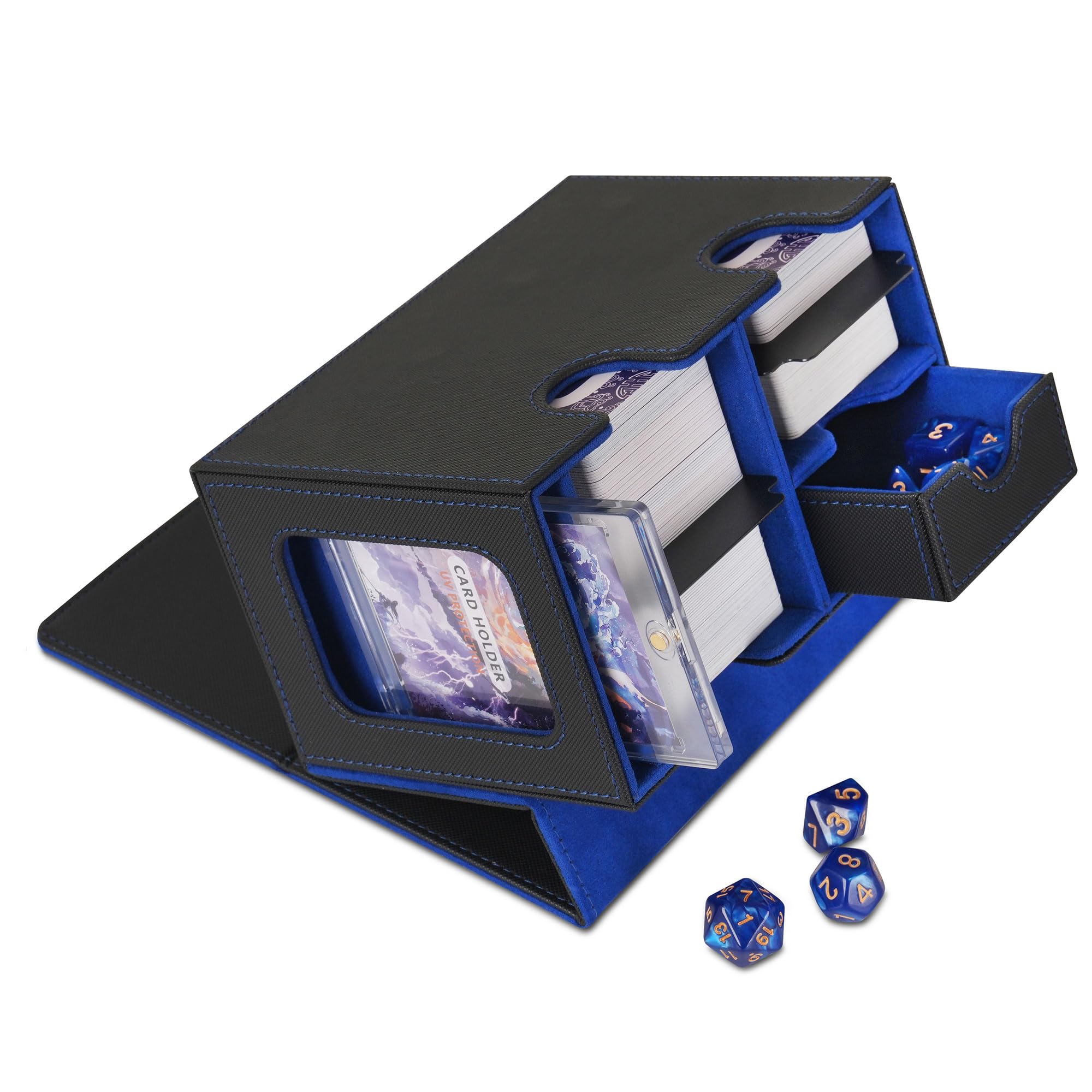 Aircbc Black/Blue Card Deck Box For Mtg Commander Display Case Holds 160+Double-Sleeved Cards With 35Pt Magnetic Card Holder & Dice Tray,7 Dice