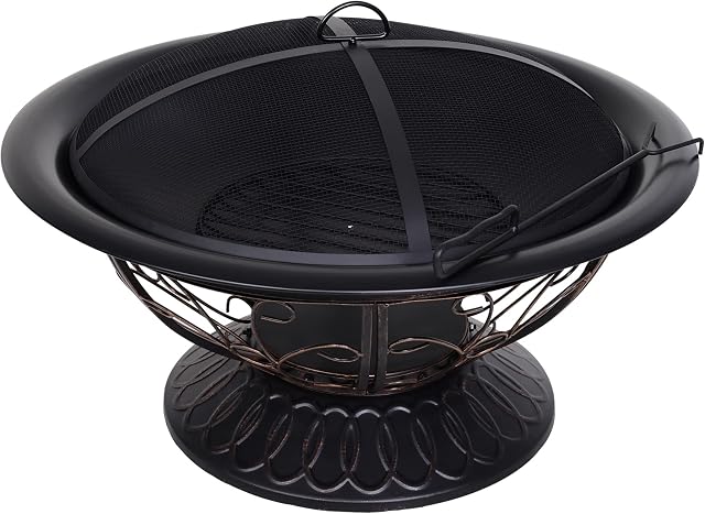 Outsunny Metal Large Firepit Bowl Outdoor Round Fire Pit Brazier w/ Lid, Log Grate, Poker, Elegant Scrolls for Backyard, Camping, Bonfire, Wood Burning Stove, 76 x 76 x 50cm, Black