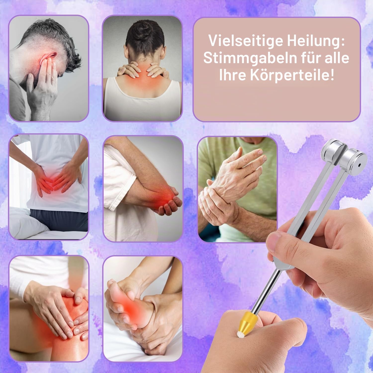 Stimmgabeln für Heilung Set, inklusive 128 Hz, 136 Hz, 256 Hz, 384 Hz & Aktivator, Edelsteinfüße, Yoga und Meditation, Zubehör in medizinischer Qualität, Klangtherapie-Musik-Stimminstrumente mit