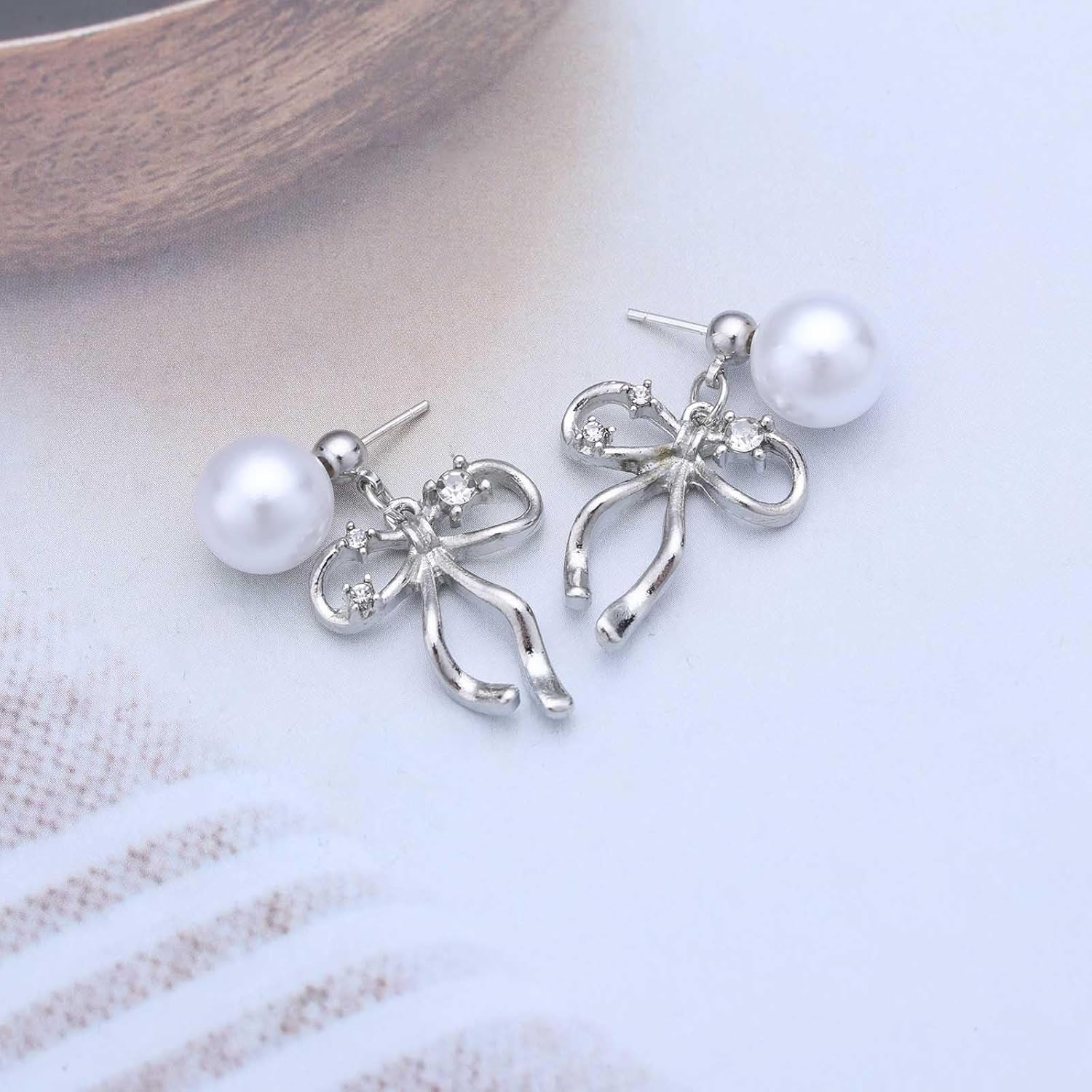 Bohemian Bow Pearl Jacket Earrings Silver Crystal Bow Dangle Earrings Small Cz Bow Tie Drop Earrings Round Pearl Stud Earrings Jewelry for Women Gifts - Image 3