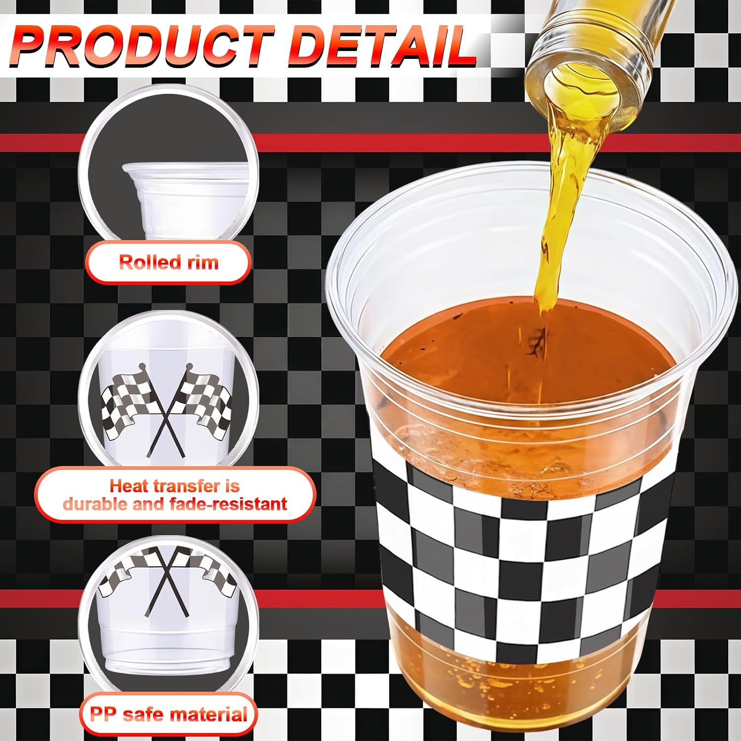 50 Pcs Checkered Racing Party Plastic Cups 16 oz White Black Checkered Flag Clear Cup Disposable Race Car Drinking Cups for Race Car Sports Themed Birthday Table Decoration Party Favors Supplies