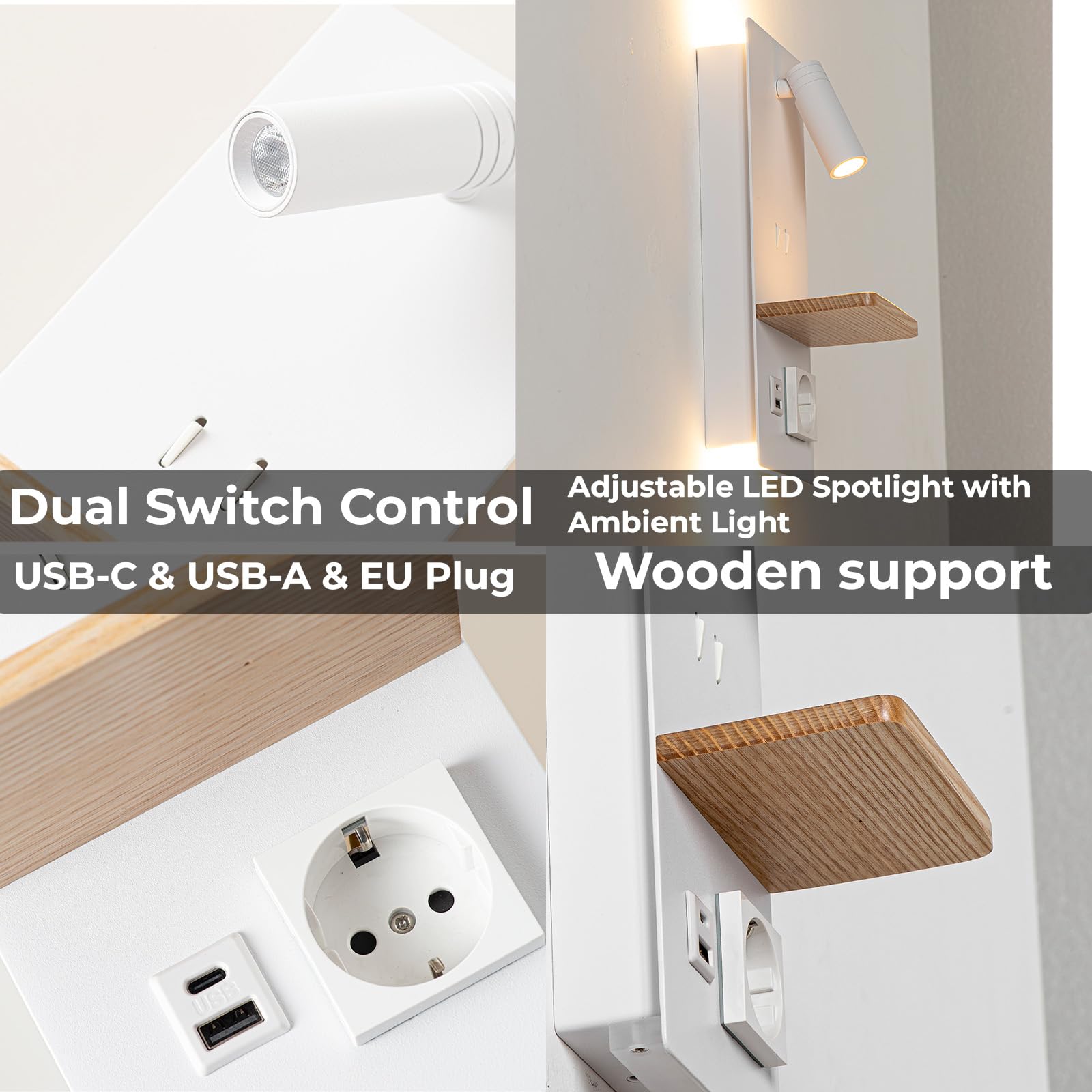 Alpinaluz Wandleuchte mit schwenkbarem LED-Leselicht, 3 W, Umgebungslicht, 6 W (2800 K), Ladeanschlüssen USB-C & USB-A, Schuko-Stecker und Holzablage für Schlafzimmer und Kopfteil