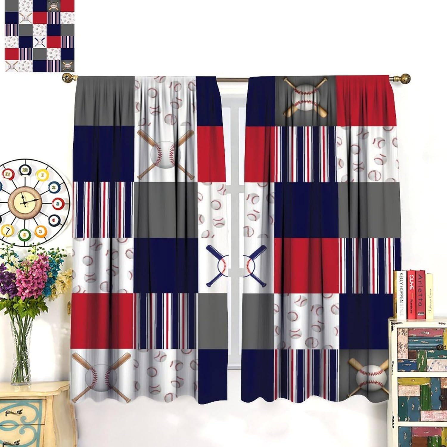 Baseball Blakcout Curtains for Boys Kids Teens,Red White Blue Baseball Patch Sport Window Drapes,Novelty Soccer Baseball Game Print Curtains for Living Room 42x63in
