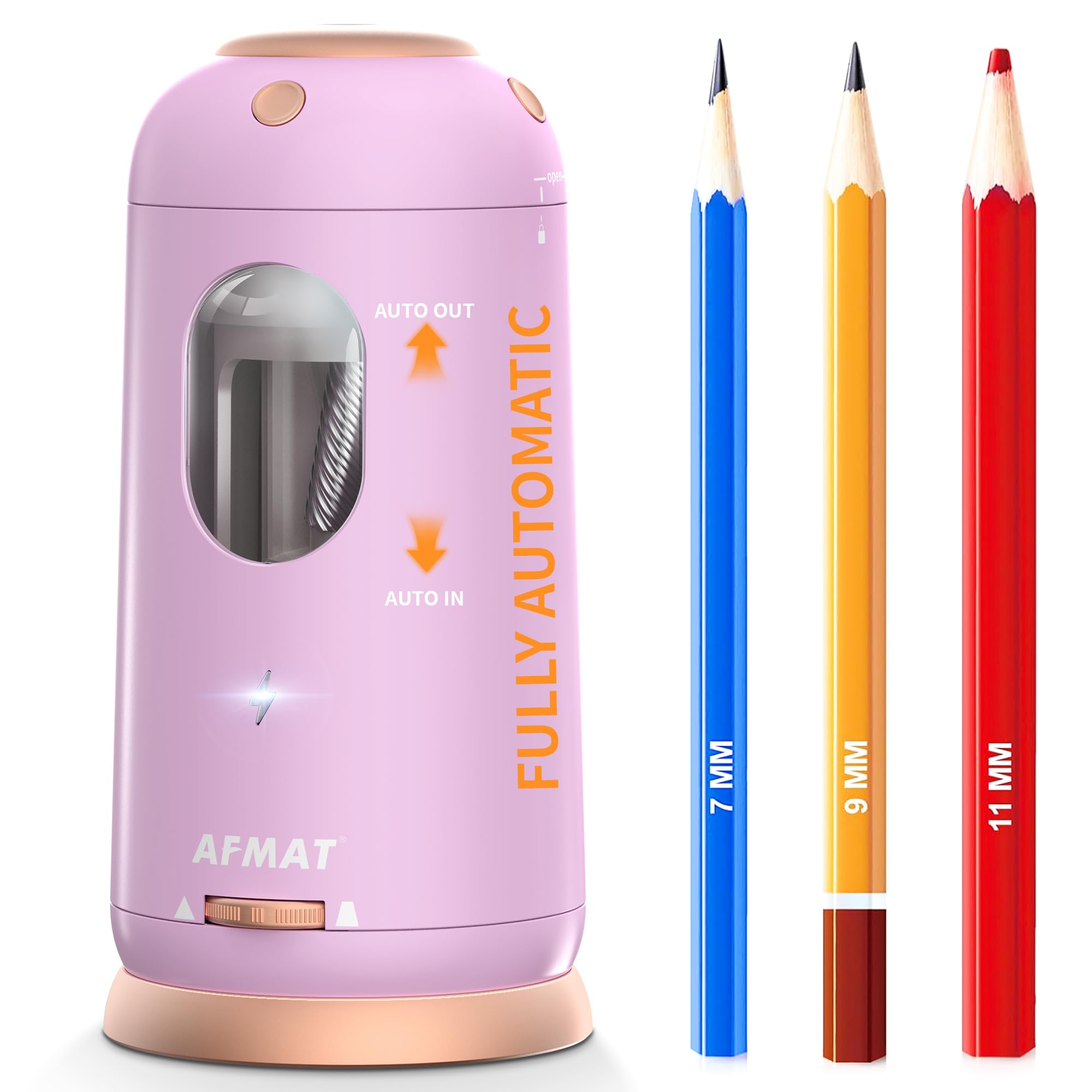 AFMAT PSC8 Electric Pencil Sharpener, Auto in & Out, Fully Automatic Pencil Sharpener, Rechargeable Hands-Free Sharpeners for Jumbo & Colored Pencils (7-11.5mm), Good for Classroom/Home, Light Purple
