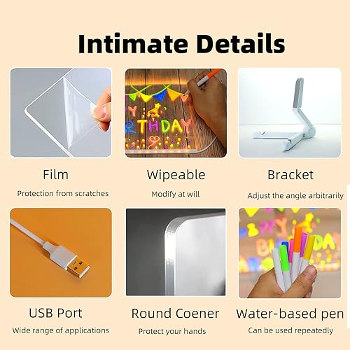 Miniatura 7 de ENUOLI Pizarra acrílica de borrado en seco con luz, 11.8 x 7.8 pulgadas, pizarra blanca transparente de escritorio con soporte para escritorio,