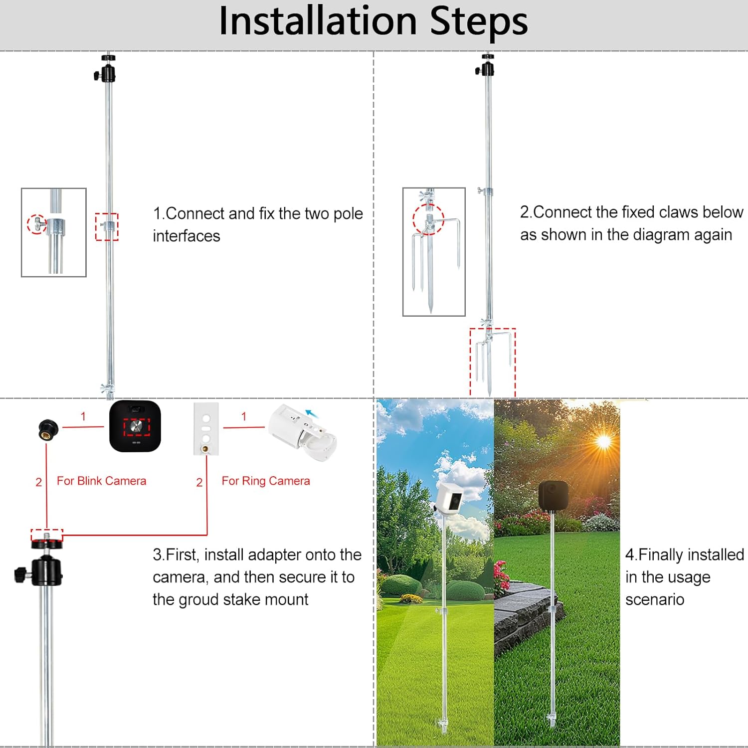 2 Pack Camera Ground Stake Mount Compatible with Ring,Blink,Eufy,Google Nest,Wyze,Arlo,Relink,Tapo Security Cameras, 26.3-39.3In Adjustable Height & Angle,Heavy Duty 2-in-1 Trail Camera Stand Holder